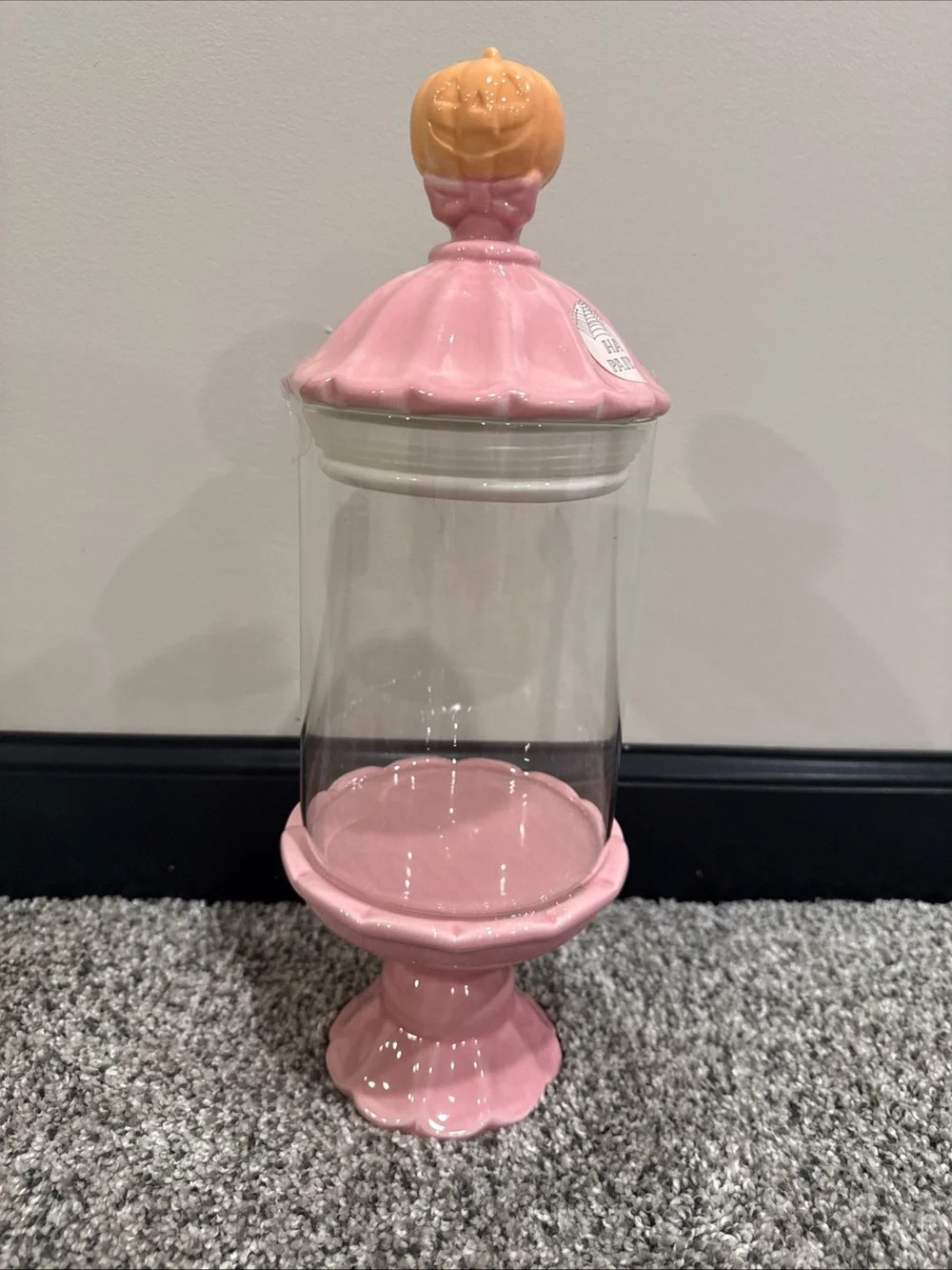 Halloween Pink Pumpkin Glass Candy Jar fall season 13” tall ceramic hand painted